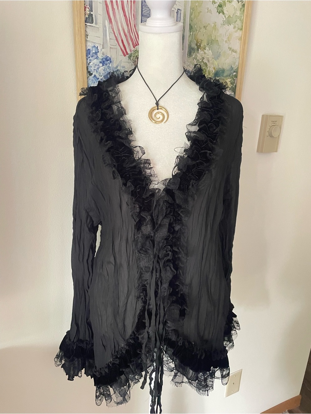Lloyd Williams VTG 90s Y2K Black Sheer Crinkle Ruffle Tie Blouse Top Whimsigoth